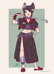 Rule 34 | 1girl, banchou, black hair, black shirt, black skirt, blue eyes, blush, breasts, choker, collarbone, cone hair bun, cropped shirt, delinquent, full body, hair bun, han juri, hand on own hip, heterochromia, highres, holding, holding polearm, holding weapon, large breasts, long skirt, midriff, multicolored hair, navel, open mouth, pleated skirt, polearm, purple choker, purple eyes, purple nails, shirt, skirt, skirt cutout, solo, spikes, street fighter, street fighter 6, tongue, tongue out, two-tone hair, weapon, y.o (chuchu)