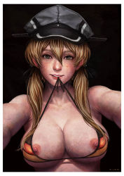 Rule 34 | 10s, 1girl, artist name, bikini, bikini top only, black background, blonde hair, breasts, female focus, flag print, freckles, german flag bikini, green eyes, hat, kantai collection, kuon (kwonchanji), large breasts, long hair, looking at viewer, mouth hold, nipple slip, nipples, prinz eugen (kancolle), reaching, reaching towards viewer, realistic, selfie, simple background, smile, solo, swimsuit, twintails