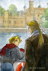 Rule 34 | 2boys, :d, artist name, belt, blonde hair, city, coat, edward elric, father and son, fullmetal alchemist, glasses, gloves, grey shirt, long hair, looking at another, looking back, male focus, multiple boys, open mouth, pants, ponytail, scarf, shirt, short hair, smile, tree, twitter username, urikurage, van hohenheim, white shirt, yellow eyes