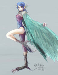 Rule 34 | 1girl, animal ears, bird ears, bird legs, blue feathers, blue hair, blue wings, breasts, brown eyes, commentary request, dated, feathered wings, feathers, fish, grey background, harpy, highres, kanikani29, long hair, monster girl, mouth hold, original, simple background, single leg bodysuit, small breasts, solo, standing, standing on one leg, talons, winged arms, wings