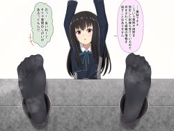 Rule 34 | +++, 1girl, absurdres, aqua ribbon, arms up, black hair, blue shirt, blush, collared shirt, feet, female focus, flat chest, foot focus, highres, inoue takina, japanese text, legs up, light blush, long hair, long sleeves, looking at viewer, lycoris recoil, manshijo, neck ribbon, open mouth, purple eyes, restrained, ribbon, school uniform, shirt, sidelocks, simple background, sitting, solo, speech bubble, stationary restraints, steam, steaming body, talking, text focus, translation request, v-shaped eyebrows, white background