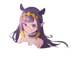 Rule 34 | 1girl, absurdres, bespectacled, blue eyes, breasts, cleavage, cropped torso, fur choker, glasses, highres, hololive, hololive english, long hair, meiyan (boyimachao), mole, mole under eye, negative space, ninomae ina&#039;nis, pointy ears, purple hair, round eyewear, small breasts, smile, solo, upper body, virtual youtuber, white background