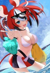 Rule 34 | 1girl, animal ears, asymmetrical sleeves, bikini, bikini top only, blue eyes, breasts, deal with it (meme), detached sleeves, eyewear on head, fang, hakos baelz, highres, hololive, hololive english, large breasts, meme, mouse ears, mouse tail, navel, ocean, pleated skirt, red hair, shyaketunakan, skirt, swimsuit, tail, twintails, v, virtual youtuber, wading