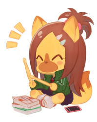 Rule 34 | 10s, 1girl, ^^^, ^ ^, blush stickers, book, book stack, brown hair, cellphone, closed eyes, drumsticks, closed eyes, fox, furry, furry female, gyaru, hair ornament, hairclip, half updo, indian style, jacket, kittun (show by rock!!), kogal, long hair, murakami hisashi, no mouth, phone, school uniform, serafuku, show by rock!!, simple background, sitting, smartphone, smartphone case, solo, track jacket, white background
