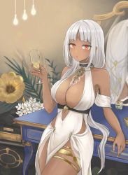 Rule 34 | 1girl, azur lane, bang (gesture), bare shoulders, blunt bangs, body markings, breasts, center opening, cleavage, cocktail dress, collarbone, cup, dark-skinned female, dark skin, dress, earrings, facial mark, feather earrings, feathers, finger gun, forehead mark, hair ornament, halter dress, halterneck, highres, holding, holding cup, indoors, jewelry, large breasts, leaning back, long hair, looking at viewer, massachusetts (azur lane), massachusetts (dressed to impress) (azur lane), mirror, native american, red eyes, shenshi (9612025), silver hair, sleeveless, sleeveless dress, solo, thighlet, thighs, very long hair, white dress