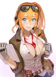 Rule 34 | 1girl, absurdres, ahoge, areola slip, bad id, bad twitter id, belt, blonde hair, blue eyes, blush, breasts, brown jacket, clipboard, clothes pull, commentary request, cowboy shot, eyewear on head, girls&#039; frontline, gloves, gradient background, hair between eyes, hair ornament, hair ribbon, headphones, headset, highres, holding, holding clipboard, jacket, kalina (girls&#039; frontline), korean commentary, large breasts, long hair, looking at viewer, loose neckwear, neck ribbon, nipple slip, nipples, no bra, open clothes, open jacket, open mouth, open shirt, partially unbuttoned, plaid, plaid skirt, pleated skirt, ribbon, shirt, shirt pull, side ponytail, sidelocks, skirt, smile, sohn woohyoung, solo, sunglasses, two-tone gloves, undone neck ribbon, utility belt, white shirt