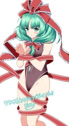 Rule 34 | 1girl, absurdres, bare shoulders, bound, bound wrists, bow, commission, frilled bow, frilled ribbon, frills, front ponytail, green eyes, green hair, highres, kagiyama hina, looking at viewer, one-piece swimsuit, red bow, red ribbon, ribbon, rise (rise19851203), simple background, skeb commission, solo, sweat, swimsuit, touhou, white background