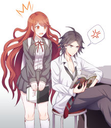 Rule 34 | 1boy, 1girl, annoyed, azami194, backpack, bad id, bad pixiv id, bag, black eyes, blush, book, breasts, brown hair, chair, commentary request, danganronpa, danganronpa/zero, danganronpa (series), feet out of frame, grey jacket, grey legwear, grey skirt, highres, holding, holding book, jacket, large breasts, long hair, looking at another, matsuda yasuke, miniskirt, necktie, notebook, open mouth, otonashi ryouko, parted bangs, pencil, reading, red eyes, red hair, red neckwear, red ribbon, ribbon, short hair, simple background, sitting, skirt, socks, very long hair, white legwear