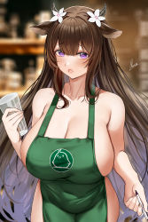 Rule 34 | 1girl, :o, alternate costume, animal ears, apron, azur lane, bare arms, bare shoulders, barista, blurry, blurry background, blush, bottomless, breasts, brown hair, cleavage, collarbone, covered navel, cow ears, cow horns, cowboy shot, cup, depth of field, drinking glass, flower, green apron, hair flower, hair ornament, highres, holding, holding cup, holding pen, horns, huge breasts, iced latte with breast milk (meme), indoors, kashino (azur lane), long hair, looking at viewer, manjuu (azur lane), meme, naked apron, open mouth, pen, piukute062, purple eyes, signature, solo, topless, very long hair, white flower