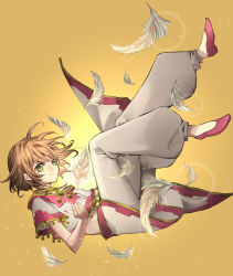 Rule 34 | 1girl, bad id, bad pixiv id, brown hair, closed mouth, feathers, floating hair, from side, full body, green eyes, neva (neva1117), pants, sakura hime, short hair, short sleeves, smile, solo, sparkle, tsubasa chronicle, white feathers, white pants, yellow background