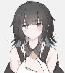 Rule 34 | 1girl, arknights, bare shoulders, black hair, blue eyes, blunt bangs, blush, commentary request, grey background, hand up, kjera (arknights), looking at viewer, short hair, simple background, solo, upper body, wawamachi (wawamachis)