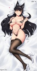 Rule 34 | 1girl, :q, absurdres, animal ear fluff, animal ears, areola slip, atago (azur lane), atago (stunning speedster) (azur lane), azur lane, bed sheet, bikini, black bikini, black hair, blush, breasts, brown eyes, brown thighhighs, cleavage, collarbone, extra ears, fingernails, from above, gensui hime, hair ribbon, heart, high heels, highleg, highleg bikini, highres, large breasts, long hair, looking at viewer, lying, mole, mole under eye, navel, on back, pulling own clothes, race queen, ribbon, signature, smile, solo, strap pull, swept bangs, swimsuit, thighhighs, tongue, tongue out, twitter username, white footwear, white ribbon