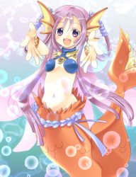 Rule 34 | 1girl, :d, bad id, bad pixiv id, bracelet, breasts, bubble, fins, groin, head fins, jewelry, kakerayuri, long hair, mermaid, midriff, monster girl, navel, nietzsche (yggdra union), open mouth, outstretched arms, purple eyes, purple hair, scales, small breasts, smile, solo, undine, yggdra union