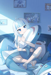 Rule 34 | 1girl, absurdres, ahoge, barefoot, bed, bloop (gawr gura), blue eyes, blue hair, blue shirt, commentary, drawing (object), fins, fish tail, gawr gura, hair ornament, highres, hirotaka0125, hololive, hololive english, hug, hugging object, ikea shark, looking at viewer, medium hair, multicolored hair, photo (object), pillow, shark girl, shark tail, shirt, smile, soles, streaked hair, stuffed animal, stuffed shark, stuffed toy, tail, toes, unworn hair ornament, virtual youtuber, white hair