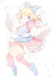 Rule 34 | 1girl, animal, apron, artist name, bag, bell, blonde hair, blue apron, blue bow, blue eyes, blue footwear, blush, bow, cat, commentary, commission, covering own mouth, english commentary, eyepatch, frilled bow, frills, full body, hair bell, hair between eyes, hair bow, hair ornament, hands up, head tilt, jingle bell, kneehighs, layered sleeves, loafers, long sleeves, looking at viewer, medical eyepatch, original, pink shirt, pink skirt, pink socks, pleated skirt, puffy short sleeves, puffy sleeves, ribbon-trimmed skirt, ribbon trim, rimuu, shirt, shoes, short over long sleeves, short sleeves, shoulder bag, skirt, sleeves past fingers, sleeves past wrists, socks, solo, watermark, web address, white background, wide sleeves