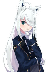 Rule 34 | 1girl, absurdres, ahoge, aica 61, ascot, blue ascot, blue jacket, blush, commentary request, earrings, gloves, green eyes, grey skirt, hair between eyes, hair over one eye, hand on own chin, highres, hololive, jacket, jewelry, looking at viewer, shirakami fubuki, shirakami fubuki (aristocrat kei), shirt, simple background, skirt, smile, solo, swept bangs, virtual youtuber, white background, white gloves, white hair, white shirt