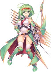 Rule 34 | 1girl, ahoge, aquaplus, armor, armored boots, arrow (projectile), boots, bow, braid, dungeon travelers 2, front braid, full body, glasses, green eyes, green hair, highleg, highleg leotard, highres, leotard, long hair, looking at viewer, monica macy, necktie, official art, rimless eyewear, side braid, solo, sumaki shungo, thighhighs, transparent background, twin braids