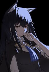 Rule 34 | 1girl, animal ears, arknights, ascot, between fingers, black background, black cape, black hair, black vest, blue ascot, breasts, brown eyes, cape, cigarette, closed mouth, collared shirt, dark, frown, glaring, hand up, highres, holding, holding cigarette, long hair, looking at viewer, medium breasts, official alternate costume, serious, shirt, simple background, sketch, solo, texas (arknights), texas the omertosa (arknights), uomi, upper body, vest, white shirt, wolf ears, wolf girl