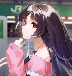 Rule 34 | 1girl, aya (lezon), bare shoulders, black hair, blurry, blurry background, closed mouth, day, from side, head tilt, highres, houraisan kaguya, long hair, long sleeves, looking at viewer, mask, mask pull, mouth mask, off-shoulder shirt, off shoulder, outdoors, pink shirt, portrait, red eyes, shirt, sidelocks, solo, surgical mask, touhou