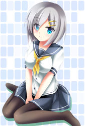 Rule 34 | 10s, 1girl, bad id, bad pixiv id, between legs, black pantyhose, blue skirt, blush, breasts, buttons, closed mouth, collarbone, eyebrows, eyes visible through hair, full body, hair ornament, hair over one eye, hairclip, hamakaze (kancolle), hand between legs, head tilt, highres, kantai collection, karin (rei862), knees together feet apart, large breasts, own hands together, pantyhose, pleated skirt, sailor collar, school uniform, serafuku, shirt, short hair, silver hair, sitting, skirt, smile, solo, v arms, wariza, white shirt