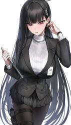 Rule 34 | 1girl, absurdres, black hair, black jacket, black skirt, blue archive, breasts, brown pantyhose, clipboard, halo, highres, jacket, large breasts, long hair, long sleeves, looking at viewer, monegi, pantyhose, parted lips, pleated skirt, red eyes, rio (blue archive), skirt, solo, sweater, thighs, turtleneck, turtleneck sweater, very long hair, white sweater