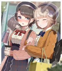 Rule 34 | 2girls, absurdres, aran sweater, arm hug, bag, beret, blonde hair, blush, brown hair, cable knit, cardigan, center frills, closed eyes, collared shirt, commentary request, embarrassed, frilled shirt, frills, hat, high-waist skirt, highres, hololive, looking at another, multiple girls, oozora subaru, oozora subaru (casual), open cardigan, open clothes, plaid, plaid skirt, shigure ui (vtuber) (casual), shigure ui (vtuber), shirt, shopping bag, skirt, subaru duck, sweater, tatedano kabae, virtual youtuber, white shirt