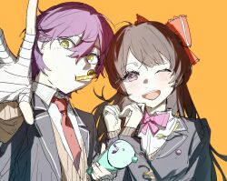 Rule 34 | 1boy, 1girl, bandaged hand, bandages, blazer, blush, bow, bowtie, collared shirt, commentary request, confetti, hair bow, heart, heart hands, holding, holding party popper, jacket, kenmochi touya, kenmochi touya (1st costume), light blush, long hair, looking at viewer, mouth hold, necktie, nijisanji, one eye closed, orange background, party horn, party popper, pink bow, pink bowtie, popoyu, purple eyes, purple hair, reaching, reaching towards viewer, red bow, red necktie, school uniform, shirt, short hair, side-by-side, simple background, sketch, smile, tsukino mito, tsukino mito (1st costume), upper body, virtual youtuber, white shirt, yellow eyes