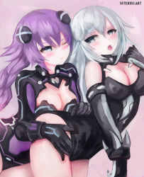Rule 34 | 2girls, :o, bad id, bad pixiv id, black bodysuit, black heart (neptunia), black leotard, blue eyes, blush, bodysuit, braid, breasts, cleavage, cleavage cutout, closed mouth, clothing cutout, elbow gloves, female focus, fingering, gloves, grey eyes, hair ornament, hand on another&#039;s hip, large breasts, leotard, long hair, looking at another, moaning, multiple girls, neptune (neptunia), neptune (series), noire (neptunia), one eye closed, open mouth, purple hair, purple heart (neptunia), silver hair, suterisu, very long hair, wince, yuri