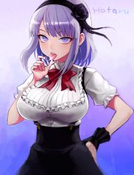 Rule 34 | 10s, 1girl, :p, black hairband, black skirt, blouse, blue eyes, bow, breasts, character name, dagashi kashi, fellatio gesture, flower, hair flower, hair ornament, hairband, hand on own hip, high-waist skirt, highres, hiro1984, large breasts, licking, licking finger, looking at viewer, nail polish, purple hair, red bow, saliva, shidare hotaru, shirt, short hair, short sleeves, skirt, solo, standing, suspender skirt, suspenders, tongue, tongue out, upper body, white shirt, wristband