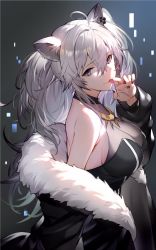 Rule 34 | 1girl, ahoge, animal ears, bare shoulders, breasts, cleavage, earrings, fur-trimmed jacket, fur trim, grey eyes, grey hair, hair between eyes, highres, hololive, jacket, jewelry, kakage, large breasts, licking, licking finger, lion ears, lion girl, long hair, looking at viewer, necklace, see-through, see-through cleavage, shirt, shishiro botan, shishiro botan (1st costume), sleeveless, sleeveless shirt, smile, solo, tongue, tongue out, virtual youtuber