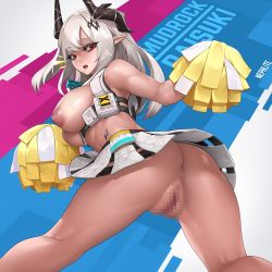 Rule 34 | 1girl, ^^^, anus, arknights, artist name, ass, bare shoulders, blue archive, blue background, breasts, breasts out, censored, character name, cosplay, crop top, from behind, grey hair, highres, holding, horns, large areolae, large breasts, long hair, looking at viewer, looking back, material growth, millennium cheerleader outfit (blue archive), miniskirt, mosaic censoring, mudrock (arknights), nephlite, nipples, no panties, open mouth, oripathy lesion (arknights), pointy ears, pom pom (cheerleading), puffy nipples, pussy, red eyes, romaji text, skirt, sleeveless, solo, standing, two-tone background, white background, white skirt