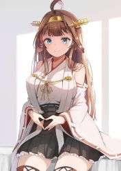 Rule 34 | 1girl, absurdres, ahoge, bare shoulders, black skirt, blue eyes, blush, breasts, brown hair, closed mouth, cowboy shot, detached sleeves, double bun, hair bun, hairband, headgear, highres, japanese clothes, jewelry, kantai collection, kongou (kancolle), kongou kai ni (kancolle), large breasts, long hair, nontraditional miko, pleated skirt, ribbon-trimmed sleeves, ribbon trim, ring, skirt, smile, solo, wedding band, wide sleeves, yuzuruka (bougainvillea)