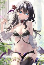 Rule 34 | 1girl, bare shoulders, bikini, black bikini, black choker, black hair, black thighhighs, blue eyes, bow, breasts, choker, cleavage, collarbone, commentary request, demon girl, demon tail, detached sleeves, frilled choker, frills, fujima takuya, hair bow, hand in thighhighs, hand up, highres, long hair, long sleeves, looking at viewer, low wings, medium breasts, navel, original, single thighhigh, solo, stomach, strapless, strapless bikini, swimsuit, tail, thighhighs, thighlet, wings