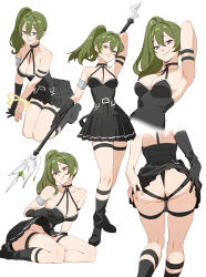 Rule 34 | 1girl, arm up, armpits, ass, bare shoulders, black dress, black footwear, black gloves, black panties, bound, bound wrists, breasts, cleavage, clothes lift, collarbone, commentary, dnaitari, dress, gloves, green hair, grey armband, hair between eyes, hair intakes, highres, holding, holding polearm, holding weapon, large breasts, lifting own clothes, looking at viewer, lower body, multiple views, panties, polearm, purple eyes, shiny skin, side ponytail, single glove, sitting, skirt, skirt lift, sleeveless, sleeveless dress, sousou no frieren, standing, thigh strap, thighs, ubel (sousou no frieren), underwear, weapon