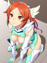 Rule 34 | 1girl, armor, breasts, breasts out, full body, highres, hou (hachiyou), kneeling, legs, long hair, looking up, multicolored hair, nipples, phantasy star, phantasy star online 2, quna (pso2), red eyes, serious, solo, thighs