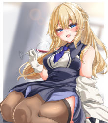 Rule 34 | 1girl, blonde hair, blue dress, blue eyes, blue necktie, braid, breasts, brown thighhighs, cup, double bun, dress, drinking glass, fang, gloves, hair between eyes, hair bun, holding, holding cup, kantai collection, kasashi (kasasi008), long hair, looking at viewer, medium breasts, necktie, open mouth, ranger (kancolle), side braids, sitting, skin fang, solo, thick thighs, thighhighs, thighs, two-tone dress, wariza, white dress, white gloves, wine glass