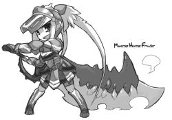 Rule 34 | armor, capcom, chibi, greyscale, hermitaur (armor), huge weapon, long hair, monochrome, monster hunter, monster hunter (series), monster hunter frontier, rumie, solo, sword, twintails, weapon