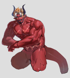 Rule 34 | 1boy, abs, another eidos-r, arm rest, bara, beard, black hair, colored skin, completely nude, cropped legs, curled horns, demon boy, earrings, facial hair, grin, highres, horns, jewelry, large pectorals, looking to the side, male focus, mature male, multiple earrings, muscular, muscular male, neumo, nipples, no nipples, nude, pectorals, pointy ears, red skin, satan (another eidos), short hair, smile, solo, stomach, strongman waist, thick arms, thick eyebrows, thick mustache, thick tail, thick thighs, thighs, unfinished, v-shaped eyebrows