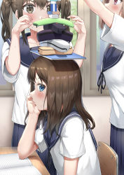 Rule 34 | 3girls, absurdres, arm up, balancing, balancing on head, black neckwear, blue eyes, blue sailor collar, blue skirt, blush, brown eyes, brown hair, classroom, closed mouth, commentary request, cowboy shot, eraser, hands up, head rest, highres, indoors, long hair, long skirt, looking to the side, looking up, multiple girls, neck ribbon, nedia (nedia region), notebook, on chair, on head, original, pencil case, pink eyes, ribbon, sailor collar, school uniform, serafuku, shirt, short hair, short sleeves, sitting, skirt, stacking, standing, sweat, trembling, twintails, upper body, white shirt