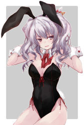Rule 34 | 1girl, animal ears, blush, breasts, detached collar, fake animal ears, grey background, grey hair, kantai collection, kashima (kancolle), leotard, long hair, looking at viewer, medium breasts, open mouth, playboy bunny, purple eyes, rabbit ears, simple background, solo, yumesato makura