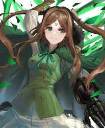 Rule 34 | 1girl, absurdres, arm up, asymmetrical gloves, breasts, brown hair, drag-on dragoon, drag-on dragoon 3, facial mark, forehead mark, four (drag-on dragoon), fur trim, gauntlets, gloves, green eyes, highres, jacket, jacket on shoulders, long hair, mochigana, roman numeral, single gauntlet, skirt, smile, solo, two side up, vest