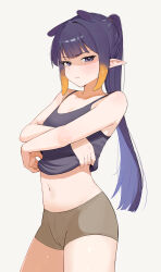 Rule 34 | 1girl, absurdres, alternate hairstyle, black tank top, blunt bangs, brown shorts, commentary, cowboy shot, english commentary, glaring, gradient hair, half-closed eyes, high ponytail, highres, hololive, hololive english, ku roiko, light frown, looking at viewer, multicolored hair, navel, ninomae ina&#039;nis, orange hair, pointy ears, purple eyes, purple hair, shorts, sidelocks, simple background, solo, stomach, tank top, tentacle hair, undressing, upper body, v-shaped eyebrows, virtual youtuber, white background
