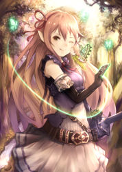 Rule 34 | 2girls, akaya (akayakazu), arisa (shadowverse), belt, blonde hair, blurry, bug, butterfly, butterfly wings, card, commentary, cowboy shot, dress, elbow gloves, elf, fairy, fantasy, forest, gloves, green eyes, hair ribbon, hand up, highres, insect, insect wings, light, light particles, looking at viewer, magic, mini person, minigirl, multiple girls, nature, neck ribbon, one eye closed, pointy ears, ribbon, shadowverse, sleeveless, sleeveless dress, smile, sword, weapon, wings