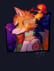 Rule 34 | 1boy, animal ears, animal nose, body fur, chinese commentary, commentary request, dated, fire, fox boy, fox ears, fox mccloud, fox tail, from side, furry, furry male, green eyes, jacket, male focus, nintendo, orange fur, pruh, signature, simple background, smile, solo, star fox, tail, upper body