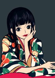 Rule 34 | 1boy, black hair, blunt bangs, grey background, head rest, highres, hime cut, japanese clothes, kikunojo (one piece), kimono, lips, lipstick, long hair, makeup, one piece, red lips, sherumaru (korcht06), sidelocks, simple background, smile, solo, wide sleeves
