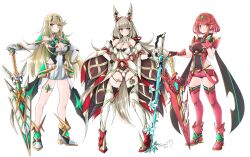 Rule 34 | 3girls, breasts, large breasts, multiple girls, mythra (xenoblade), nia (blade) (xenoblade), nia (xenoblade), pyra (xenoblade), simple background, sofusan1526, weapon, xenoblade chronicles (series), xenoblade chronicles 2