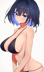 Rule 34 | 1girl, bikini, black bikini, blue eyes, blue hair, blush, breasts, collarbone, commentary, getto, grin, hair between eyes, hair intakes, highres, hololive, hololive english, large breasts, looking at viewer, ouro kronii, short hair, sideboob, simple background, smile, solo, standing, swimsuit, symbol-only commentary, teeth, virtual youtuber, white background