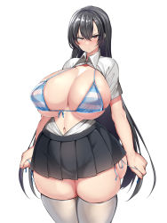 Rule 34 | 1girl, bikini, bikini under clothes, black hair, blush, breasts, cleavage, covered erect nipples, curvy, highres, huge breasts, kawahagi-tei, kawahagitei, long hair, looking at viewer, navel, open clothes, open shirt, original, panties, red eyes, school uniform, side-tie panties, solo, standing, swimsuit, thick thighs, thighhighs, thighs, underwear, very long hair, white background, wide hips