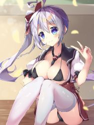 Rule 34 | 1girl, ass, azur lane, bad id, bad pixiv id, bikini, bikini top only, black bikini, black necktie, black panties, black sailor collar, blue eyes, blush, breasts, brown skirt, cleavage, closed mouth, collarbone, commentary request, hair ribbon, hand up, highres, knees together feet apart, knees up, large breasts, light particles, long hair, looking at viewer, miniskirt, mitsuhamochi, necktie, open clothes, open shirt, panties, portland (azur lane), red ribbon, ribbon, sailor collar, shirt, short sleeves, side ponytail, sidelocks, silver hair, sitting, skirt, smile, solo, swimsuit, thighhighs, underbust, underwear, v, white shirt, white thighhighs
