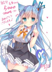 Rule 34 | 1girl, animal ears, bad id, bad twitter id, black skirt, black thighhighs, blue eyes, blue hair, blue ribbon, blush, borrowed character, breasts, cat ears, cat tail, closed mouth, collarbone, commentary request, cowboy shot, emori miku, eyebrows, frilled skirt, frills, hair between eyes, hair ribbon, heart, heart tail, liver city, long hair, looking at viewer, matching hair/eyes, medium breasts, neck ribbon, orange ribbon, original, ribbon, satsuki mayuri, side ponytail, sidelocks, simple background, skirt, sleeveless, smile, solo, standing, suspender skirt, suspenders, tail, text focus, thighhighs, translation request, white background